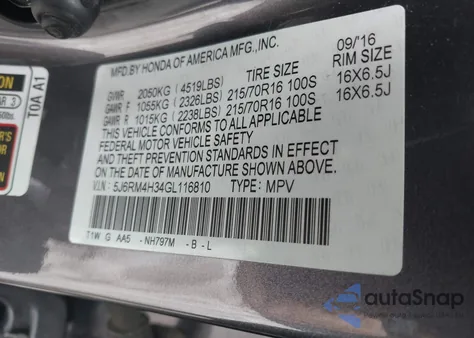 2016 Honda Cr-V Lx z USA, uszkodzony, nr VIN 5J6RM4H34GL116810
